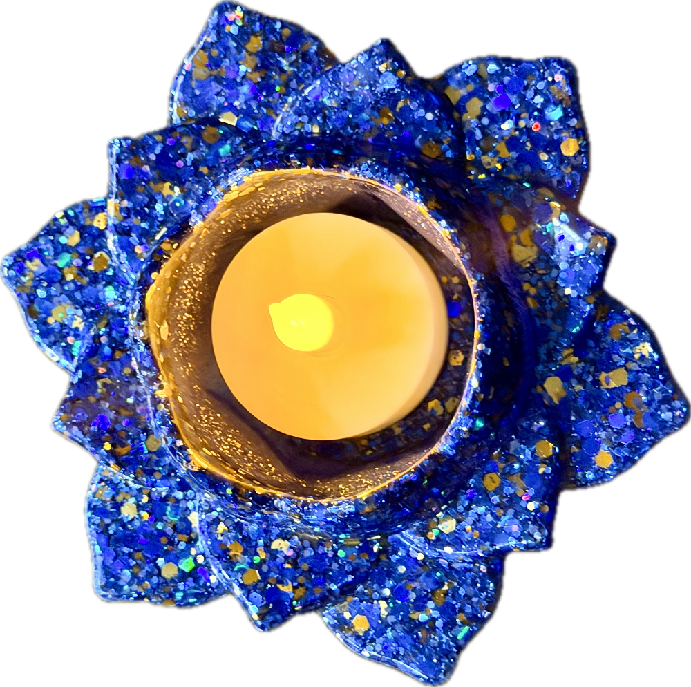 Resin Flower Candle/Succulent Holder, Blue and Gold Glitter|3164