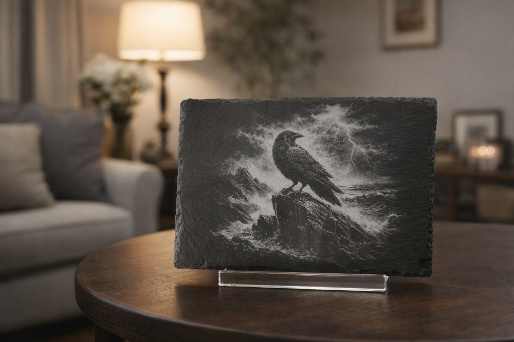 Raven Stormy Ocean Engraved Slate Art|3508