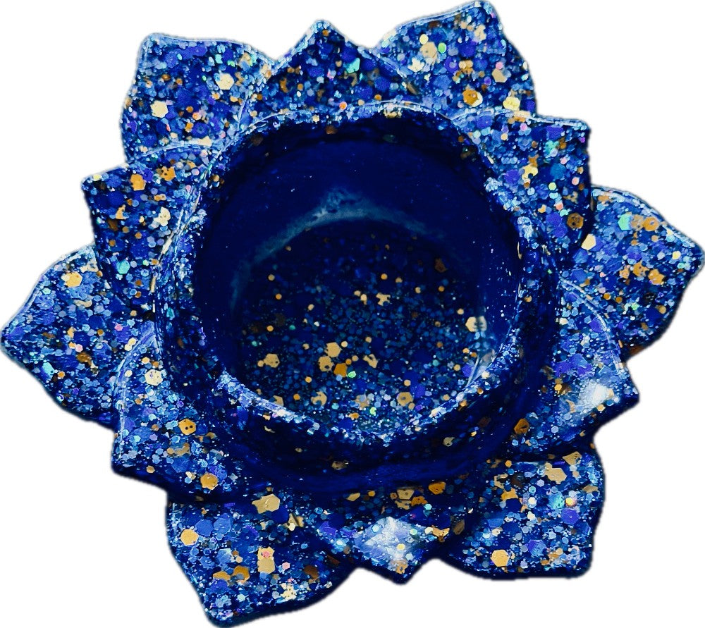 Resin Flower Candle/Succulent Holder, Blue and Gold Glitter|3165