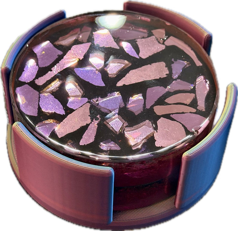 Resin Coaster, Pink Chrome set of 2 with Holder|3068