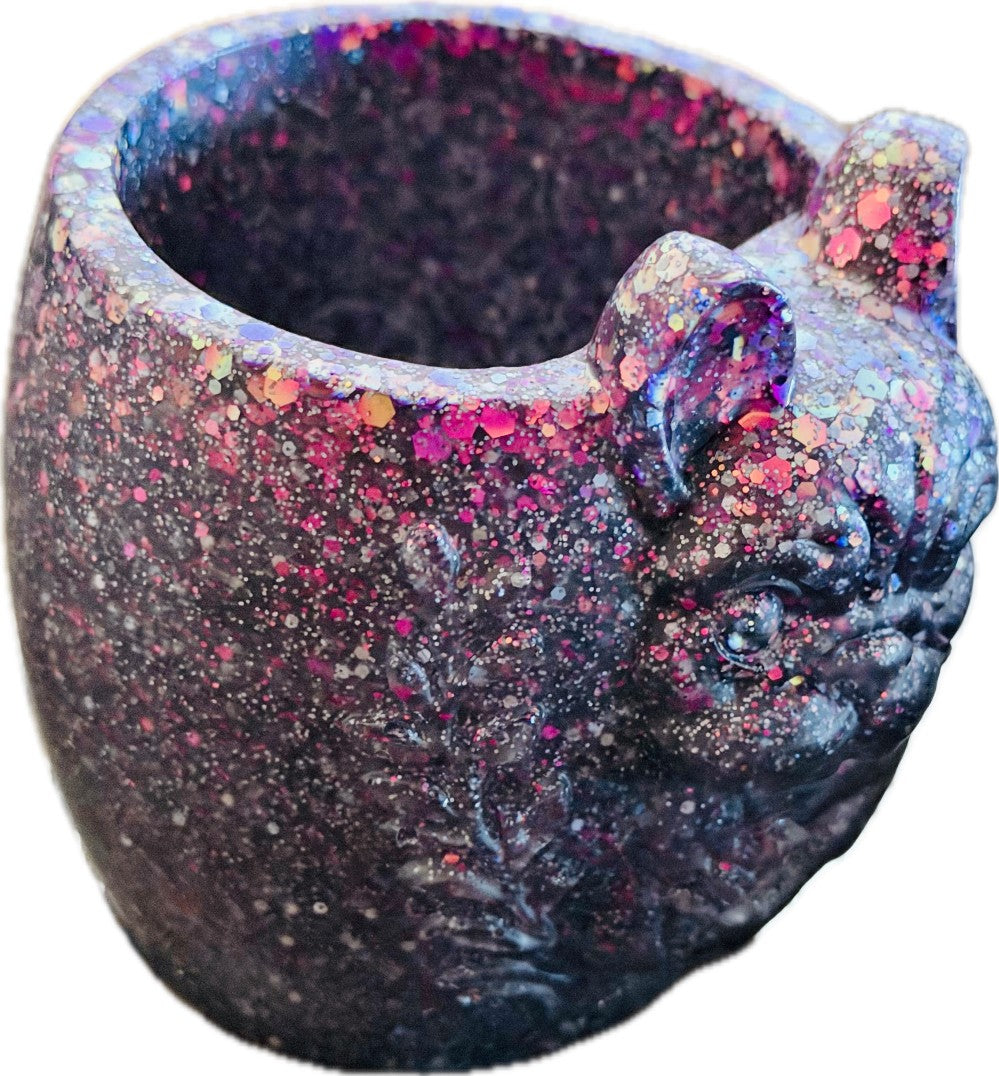 Resin French Bulldog Planter/Pen Holder, Dark Gray/Pink Glitter|3148
