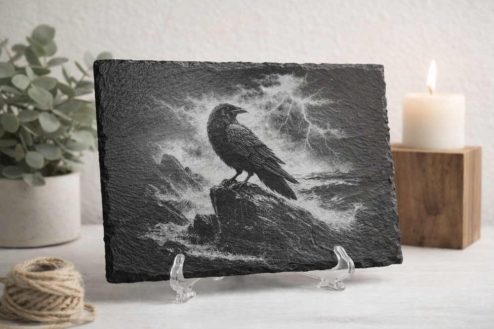 Raven Stormy Ocean Engraved Slate Art|3512