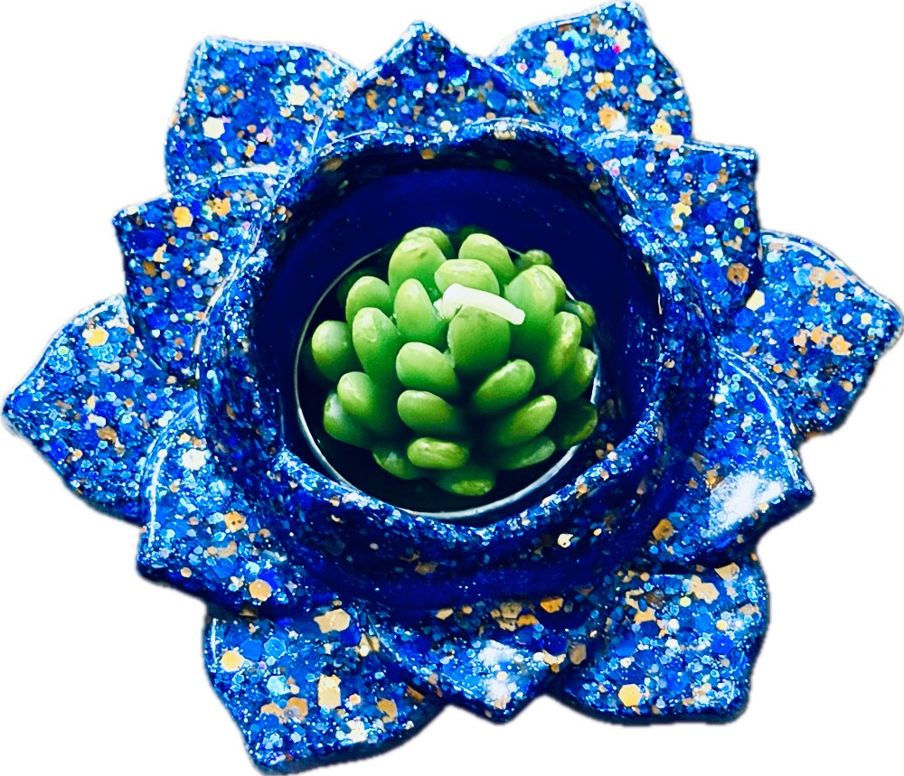 Resin Flower Candle/Succulent Holder, Blue and Gold Glitter|3163