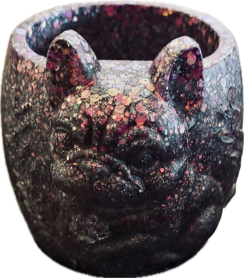 Resin French Bulldog Planter/Pen Holder, Dark Gray/Pink Glitter|3149
